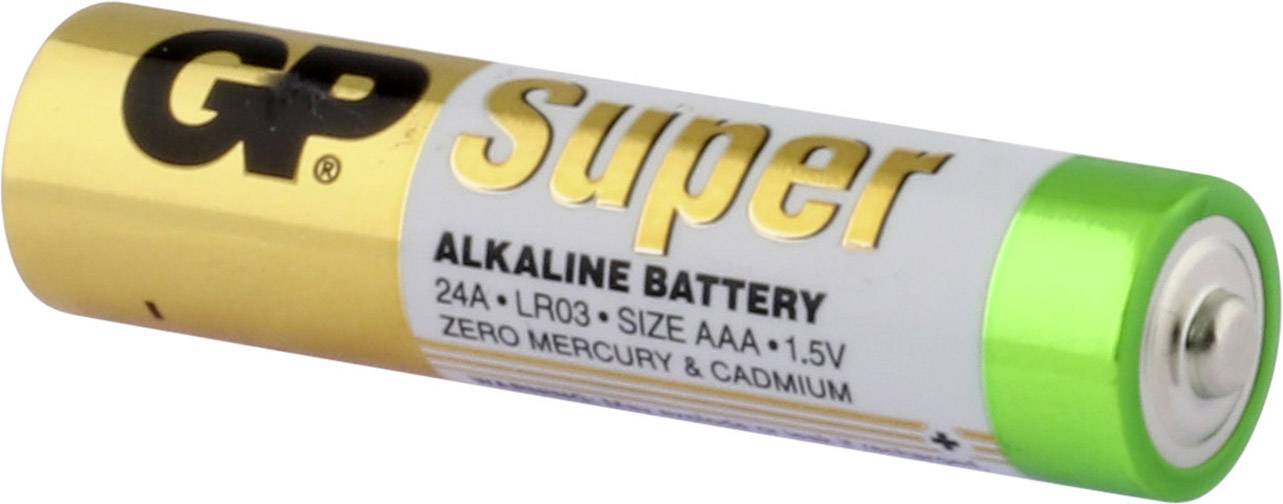 'Pile alcaline GP Super, taille AAA, 1,5V. Ne contient ni mercure ni cadmium.'