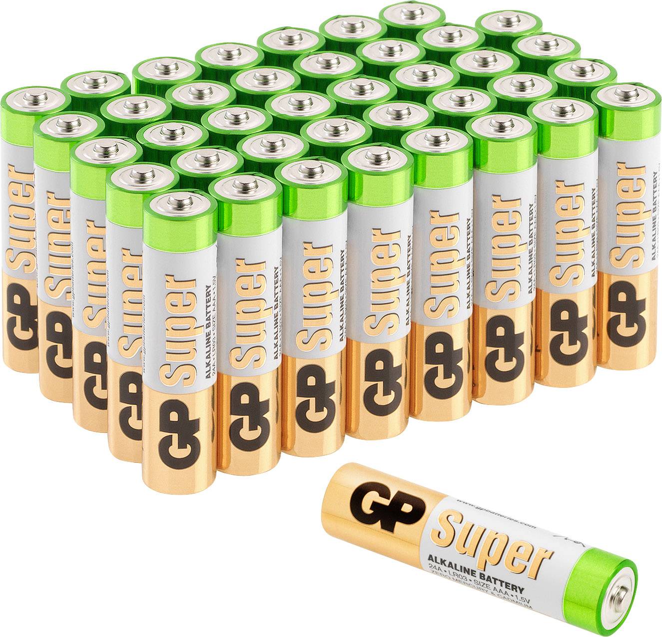 Batteries en formation V, piles alcalines GP Super, orange et vert, adaptées aux appareils à forte consommation énergétique.