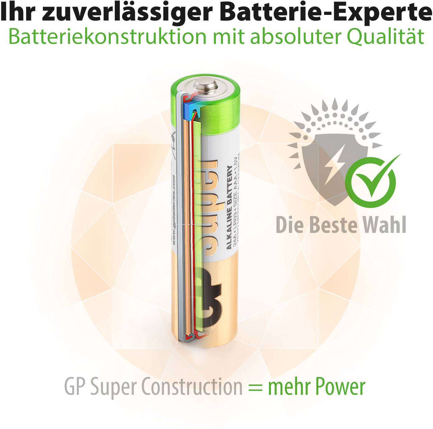 « Publicité pour une batterie avec vue intérieure. Texte en haut : Votre expert batterie de confiance. En bas : GP Super Construction = plus de puissance. »