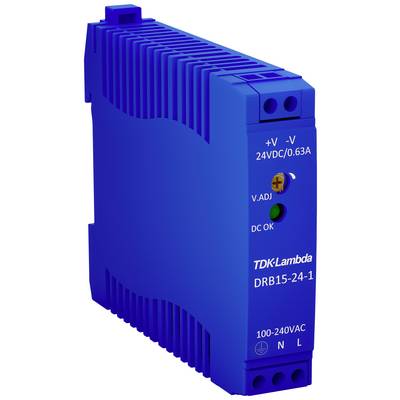 Bloc d'alimentation bleu de marque TDK-Lambda pour rail DIN, avec une tension d'entrée de 100-240 VAC et une tension de sortie de 24 VDC.