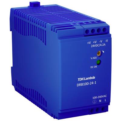 Un bloc d'alimentation bleu de TDK-Lambda, modèle DRB100-24-1, présente des connexions pour 24V DC et entrée AC avec des voyants LED pour le statut.