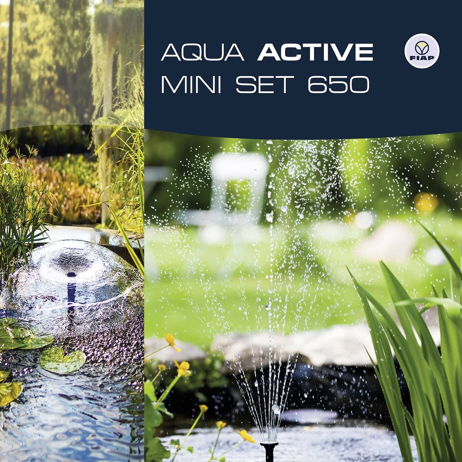 Fontaine extérieure avec jets d'eau, entourée de plantes. Inscription : « Aqua Active Mini Set 650 » et logo FIAP.