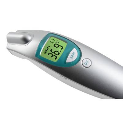 Thermomètre auriculaire numérique en gros plan affichant '36,9 °C'. Un bouton de démarrage et un interrupteur marche/arrêt sont visibles.