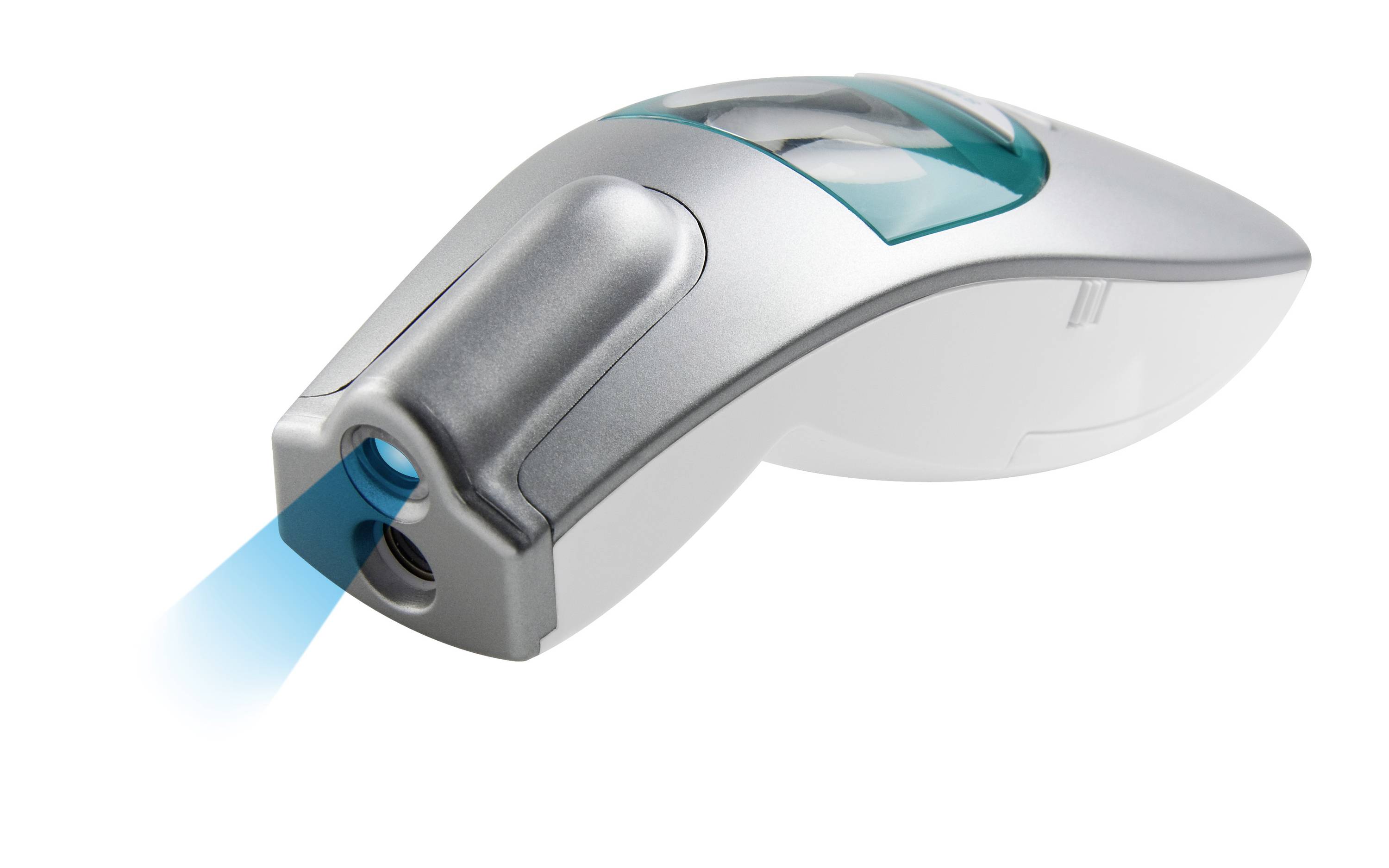 Un appareil laser argenté tenu à la main, émettant un faisceau lumineux bleu, pointé vers une surface. Adapté pour des applications de précision.