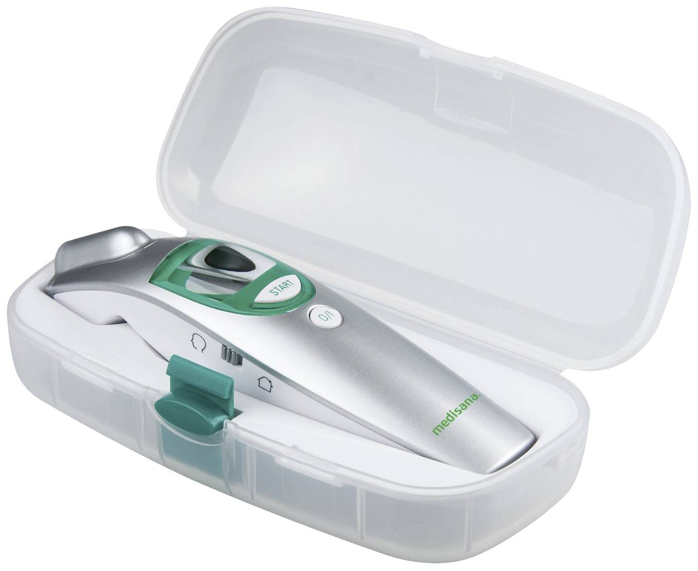 Un thermomètre auriculaire dans un boîtier de rangement blanc avec un couvercle vert, montre la marque sur le côté de l'appareil argenté.