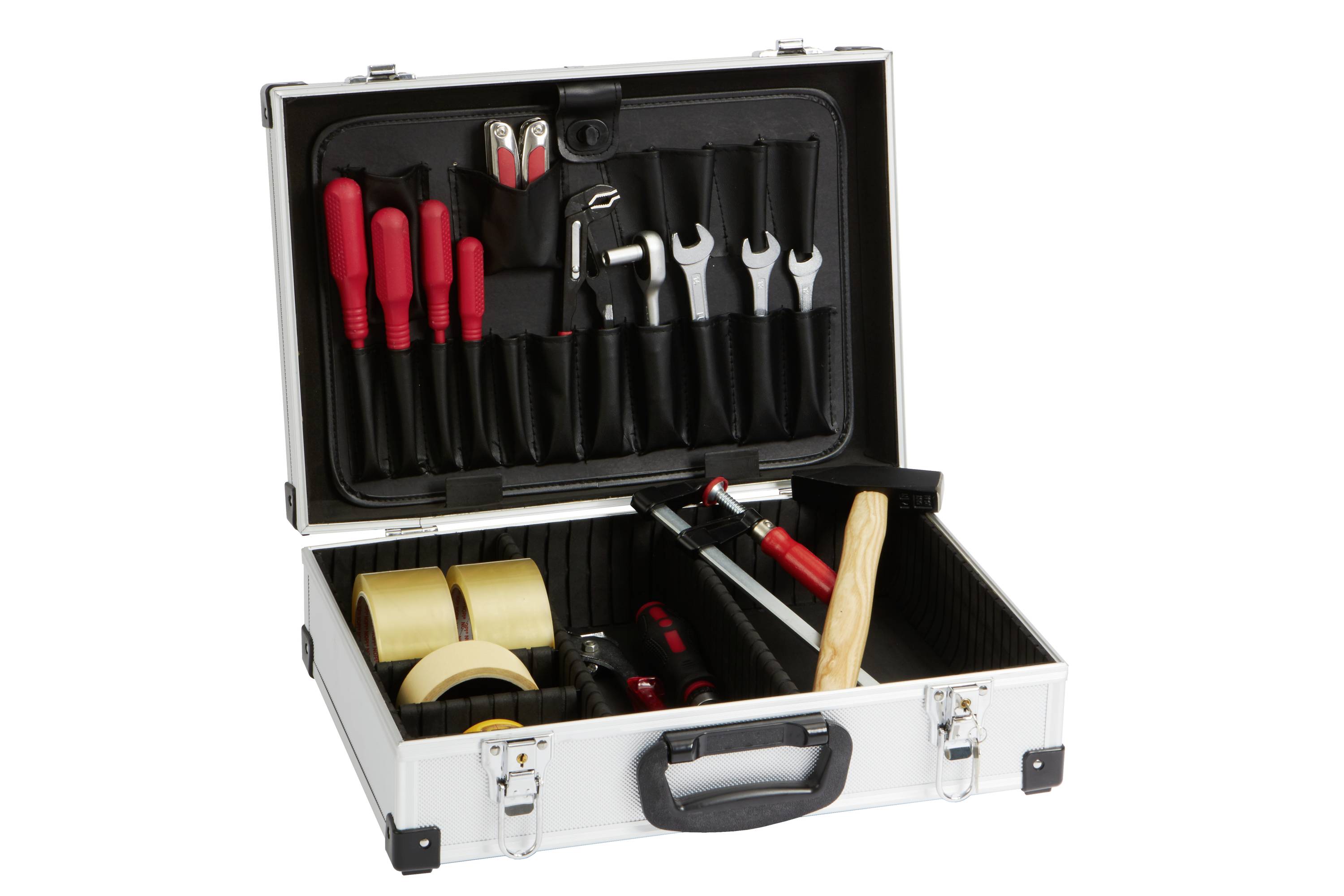 Une boîte à outils ouverte contenant des tournevis, des clés, un marteau, des rouleaux de ruban adhésif et d'autres outils dans un compartiment.