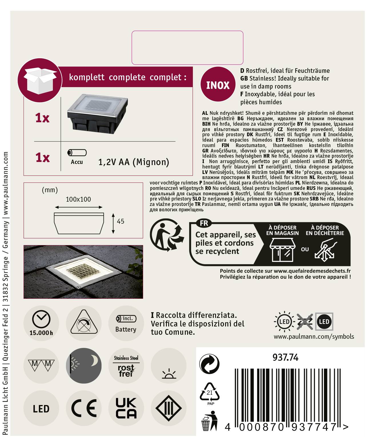 'Spot encastrable LED Paulmann 1x, comprenant 1 pile AA 1,2V, boîtier en acier inoxydable, adapté aux zones humides.'