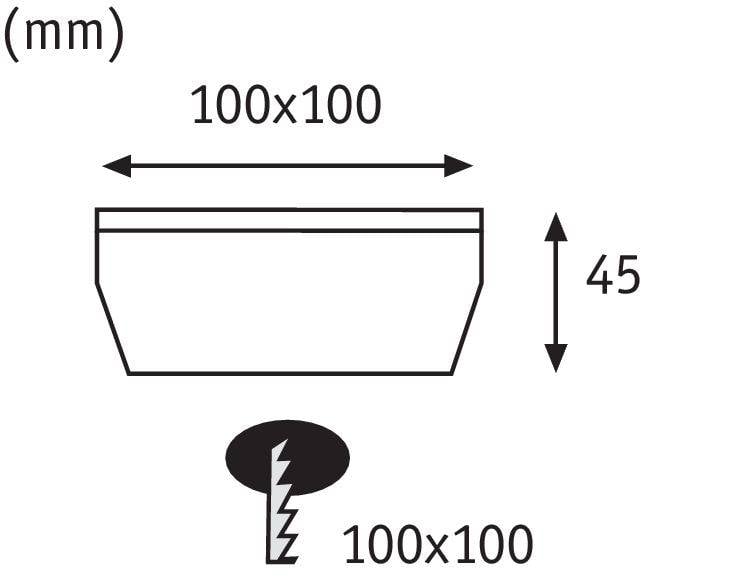 Dessin technique d'un composant rectangulaire avec des dimensions de 100x100 mm et une hauteur de 45 mm, vue de dessus et de côté.