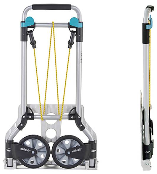 Un chariot pliable à deux grandes roues et sangles jaunes, idéal pour le transport d'objets lourds.