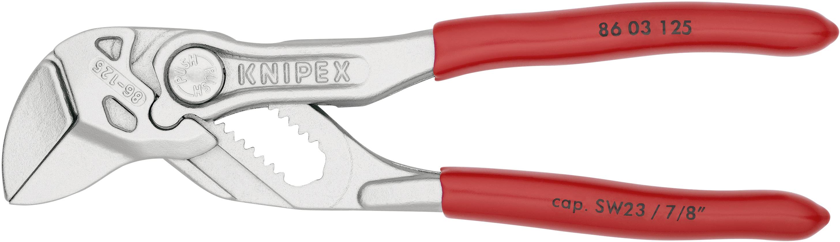 Pince multiprise KNIPEX rouge sur fond blanc, numéro de modèle et indication de taille visibles sur les poignées.