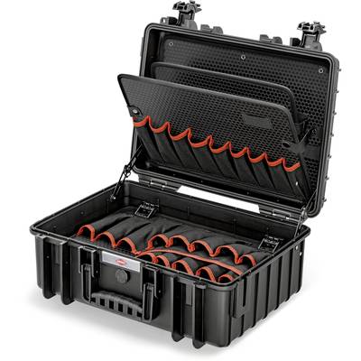 Un étui de protection noir et ouvert avec compartiments et poches en filet, parfait pour le transport et le rangement sécurisé d'accessoires électroniques.