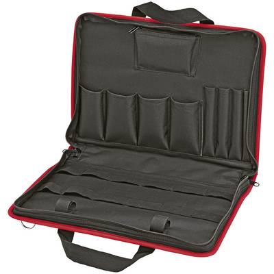 Mallette à outils rouge avec plusieurs poches et compartiments, ouverte, montrant son aménagement intérieur pour le rangement organisé des outils.