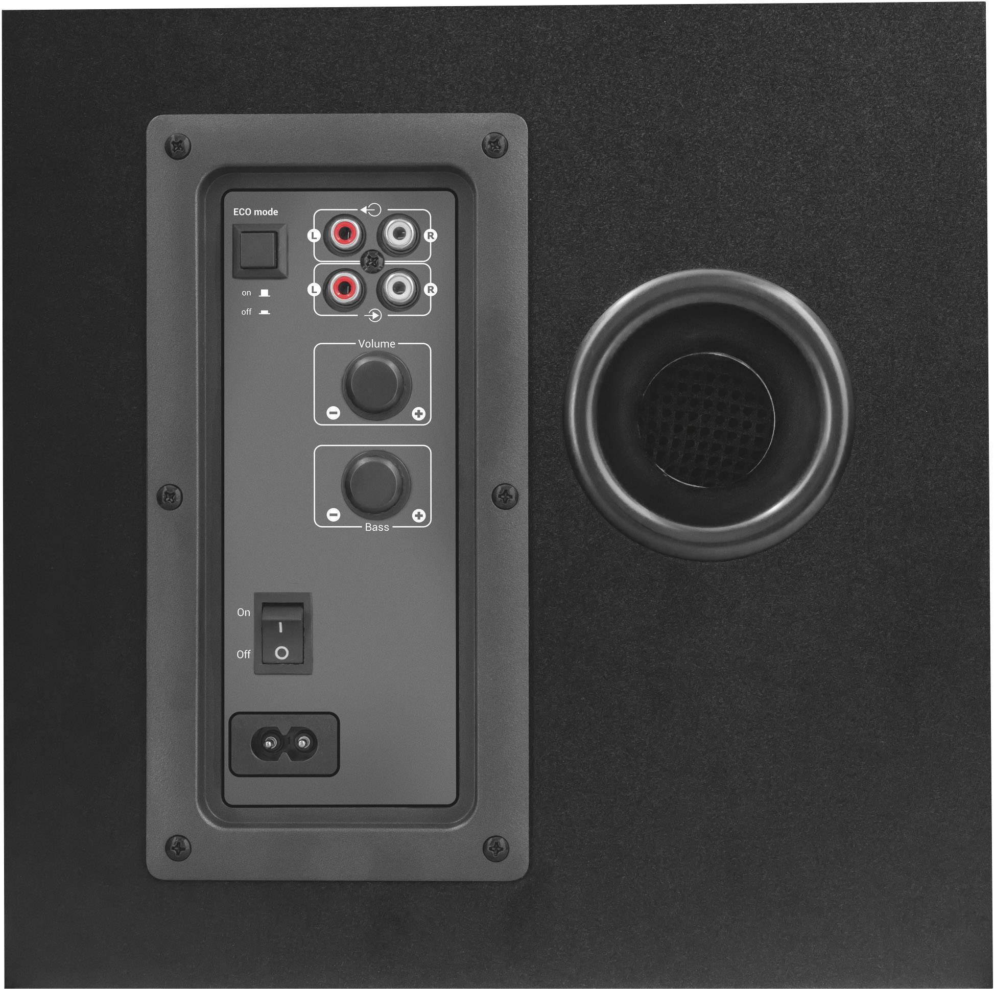 Dos d'un haut-parleur avec éléments de commande : potentiomètre de volume, réglage des basses, interrupteur marche/arrêt et ports de connexion.