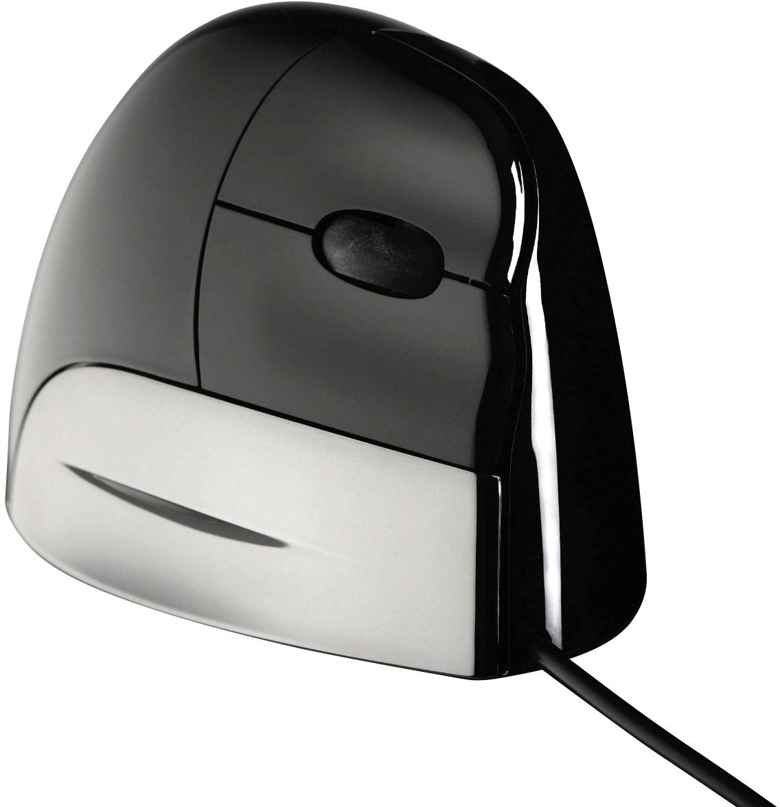 Une souris d'ordinateur noire, ergonomique, avec un repose-main proéminent et un câble. Idéale pour une utilisation verticale sur le poste de travail.