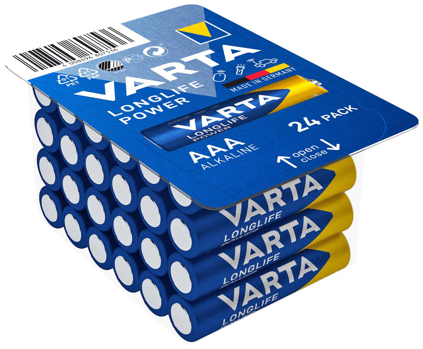 Un pack de 24 piles alcalines Varta AAA. Emballage en bleu et jaune avec informations produit imprimées.