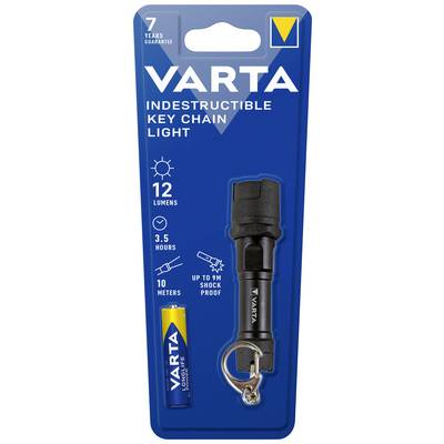 Lampe de poche avec porte-clés. 12 lumens, autonomie de 3,5 heures. Étanche, résistante aux chocs jusqu'à 9m. Pile Varta incluse.
