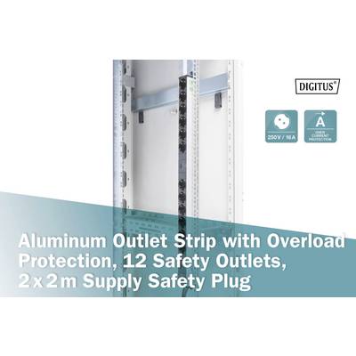 Une barrette d'alimentation en aluminium avec protection contre les surtensions, 12 prises de courant protégées, et une fiche de sécurité 2x2m sur fond bleu.