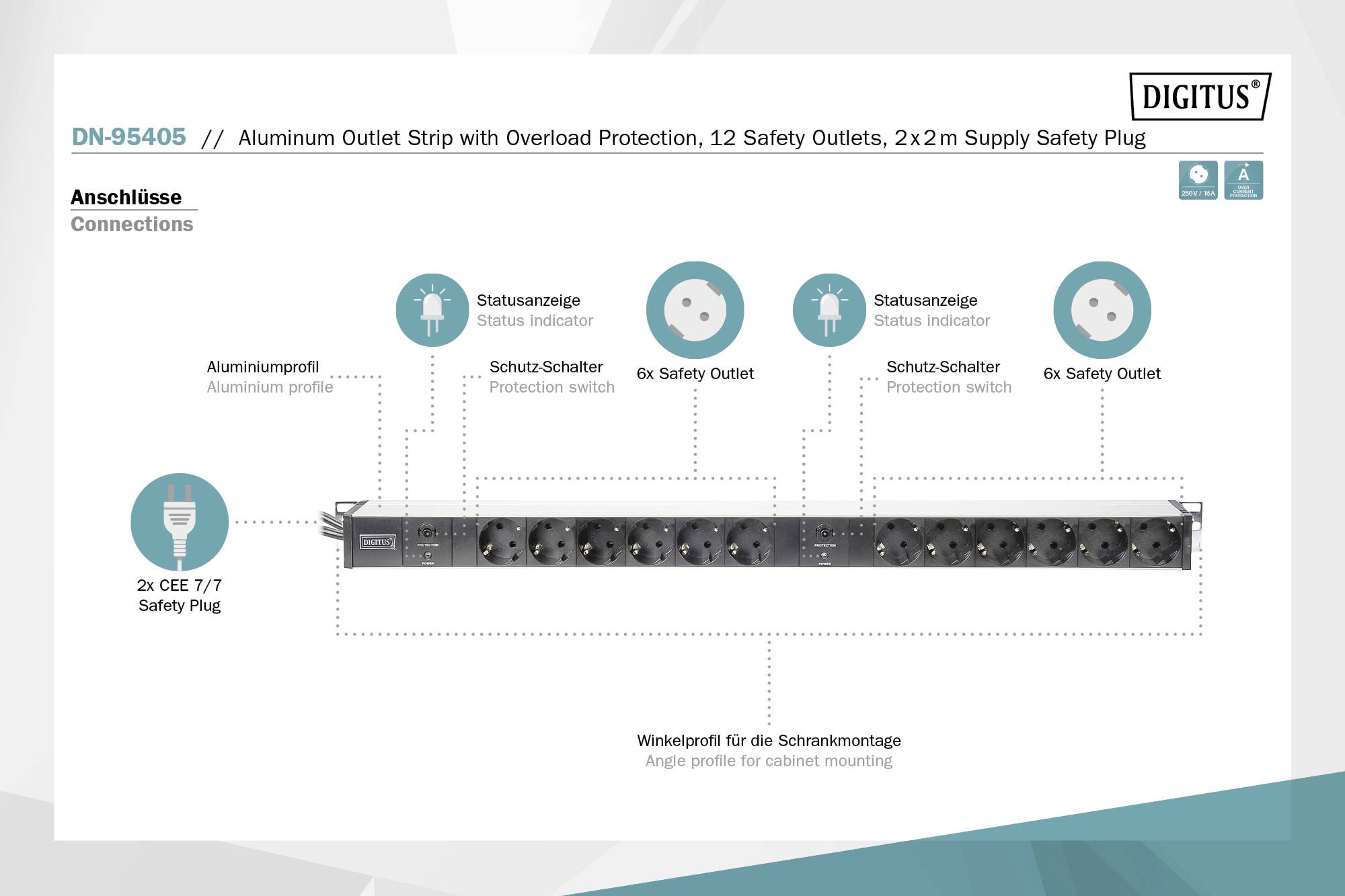 'Barrette d'alimentation en aluminium avec protection contre les surcharges, 12 prises de terre, 2x 2m de câble d'alimentation, montage possible sur rail DIN.'