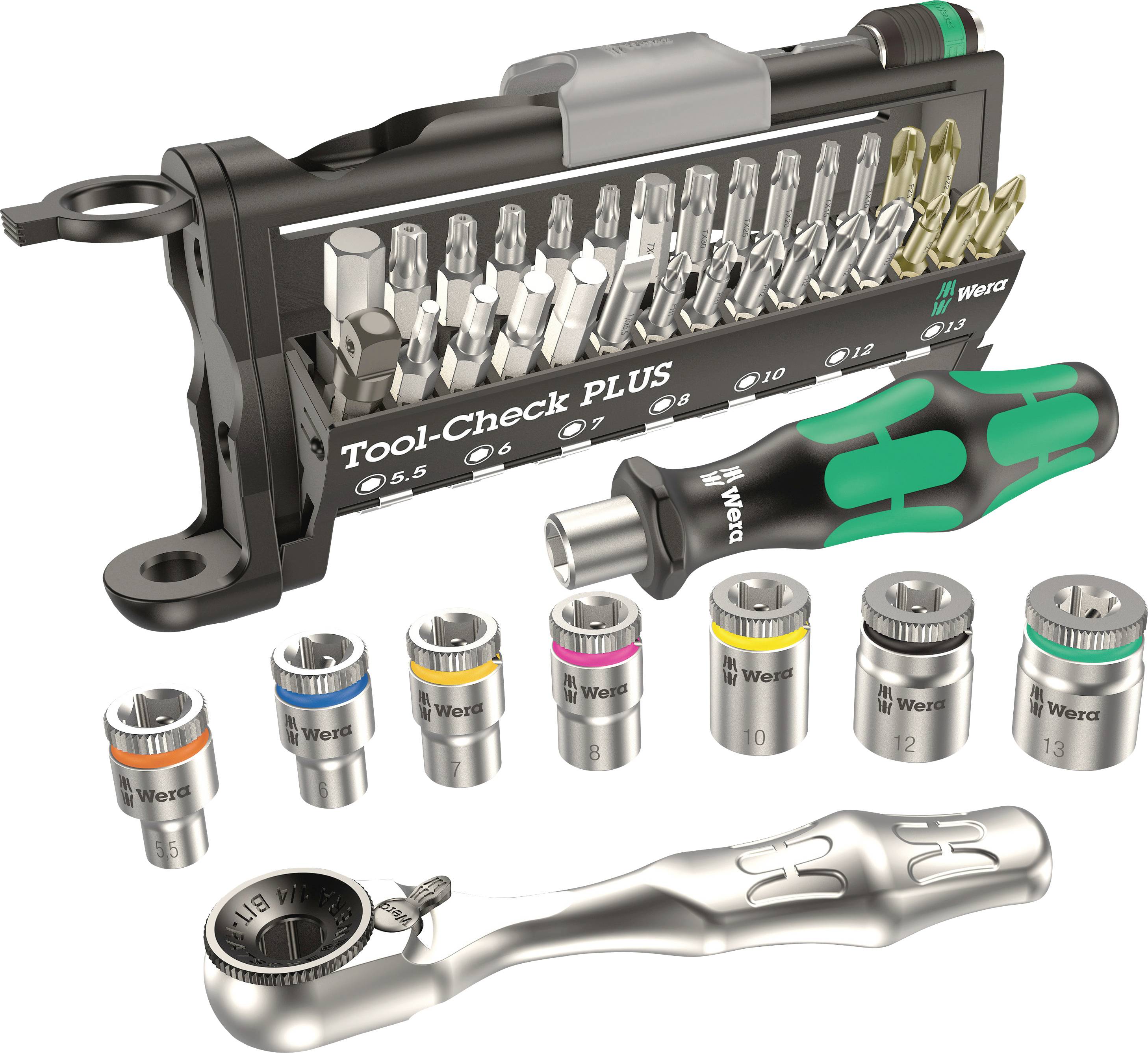 Ensemble d'outils comprenant un porte-embouts, un tournevis multifonction avec plusieurs embouts, différentes clés à douille et une clé à cliquet, agencé de manière compacte.