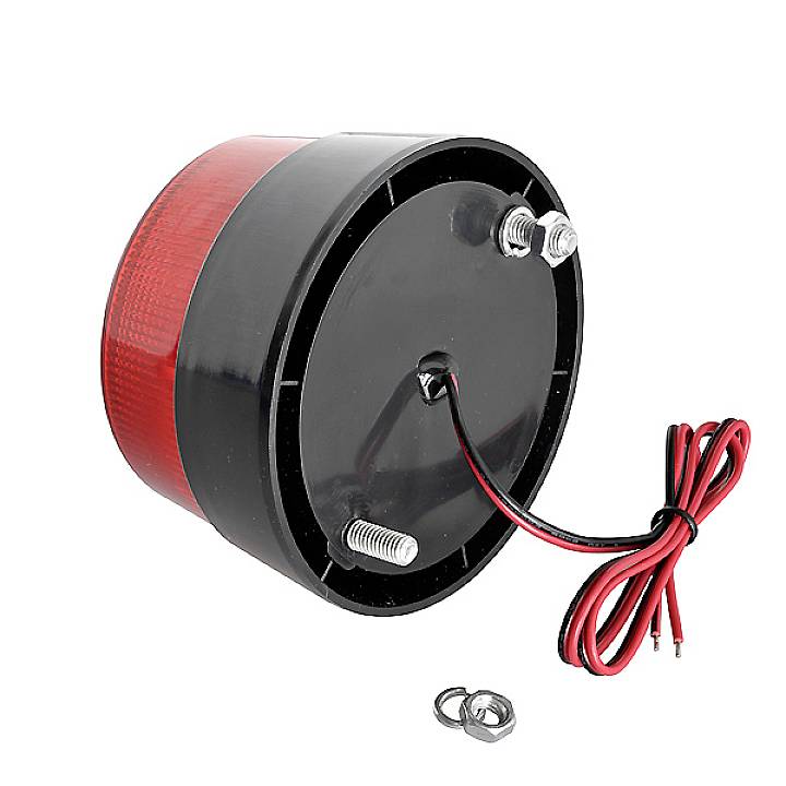 Feu arrière rond à LED rouge avec boîtier noir, câble et écrou de fixation, adapté aux véhicules.