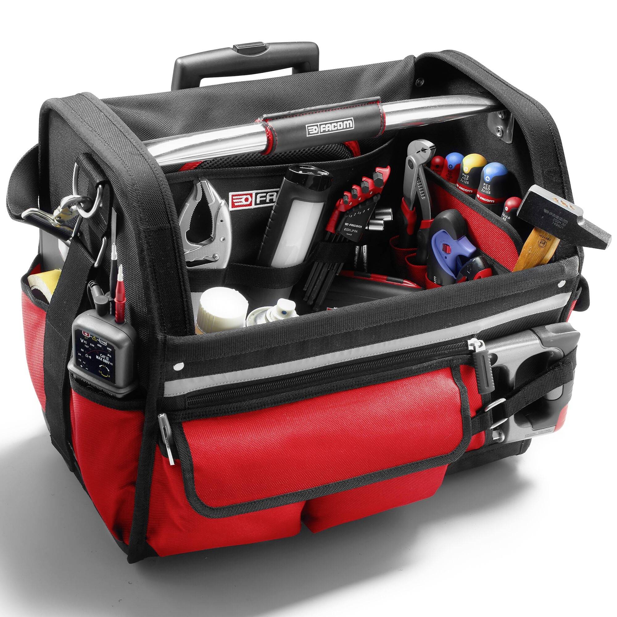 Trousse à outils ouverte contenant des marteaux, des tournevis et divers autres outils. Les couleurs rouge et noir dominent le design.