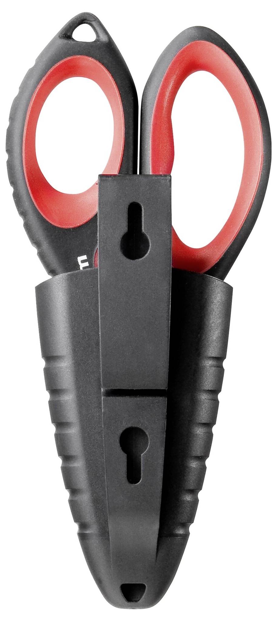 Une paire de ciseaux noirs avec des poignées rouges est rangée dans un étui noir en plastique permettant une fixation murale.