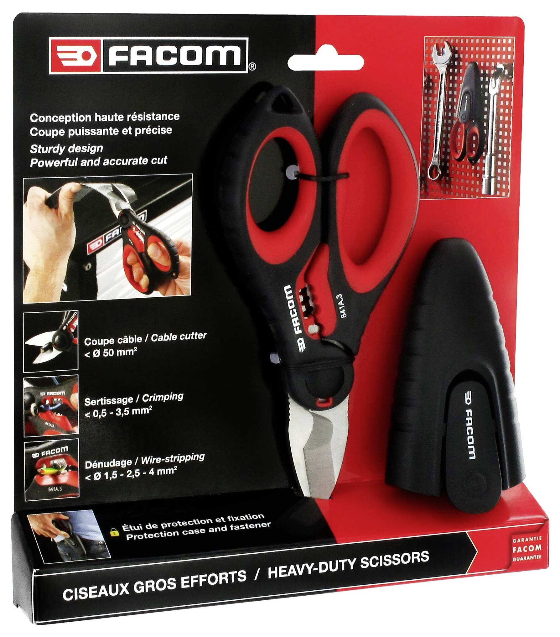Ciseaux 'Facom' dans leur emballage, mettant en valeur une construction robuste et une coupe précise. L'emballage présente des images d'utilisation et des détails.