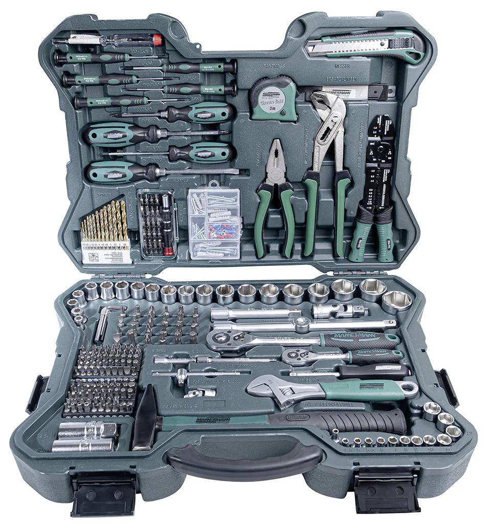 Une trousse à outils dans un étui ouvert contenant divers tournevis, pinces, clés, douilles, un mètre ruban et des forets, soigneusement rangés.