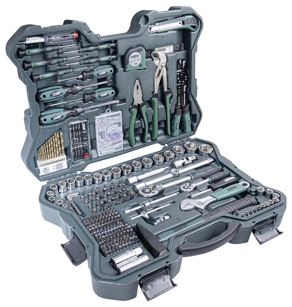 Un ensemble complet d'outils de mécanicien dans un étui de transport ouvert, comprenant une variété de douilles, clés, tournevis, pinces et forets.