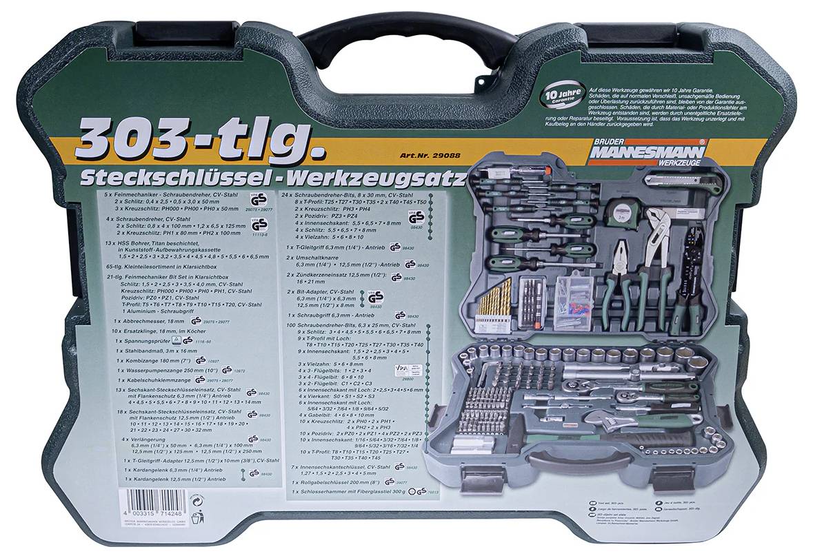 Coffret de clés à cliquet BGS de 303 pièces montrant divers clés et outils organisés dans des compartiments, avec une poignée de transport.