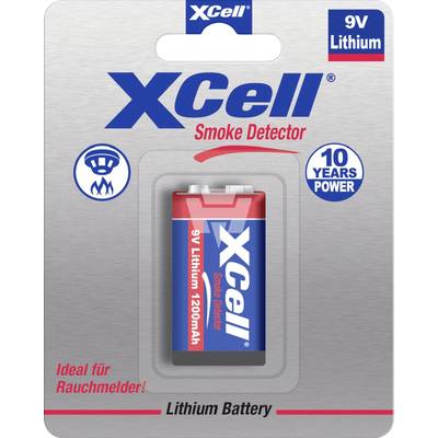 'Pile XCell pour détecteur de fumée, 9V Lithium, 10 ans d'autonomie, 1200mAh, idéale pour détecteurs de fumée. Emballage avec illustration de batterie et logos.'
