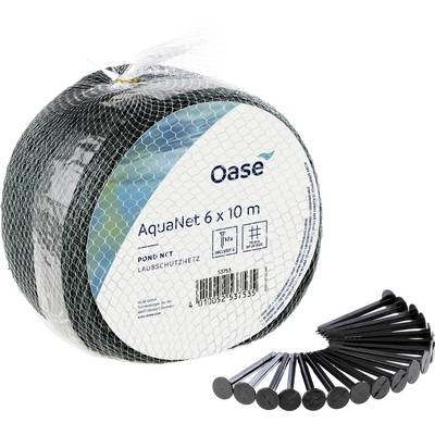 Un rouleau de filet étiqueté « Oase AquaNet 6 x 10 m Pond Net » avec des piquets noirs inclus, utilisé pour protéger les étangs des feuilles.