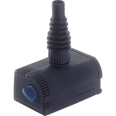 Une petite pompe à eau noire avec un cadran bleu et un embout cannelé, conçue pour les aquariums ou les petites fontaines, posée sur un fond blanc.