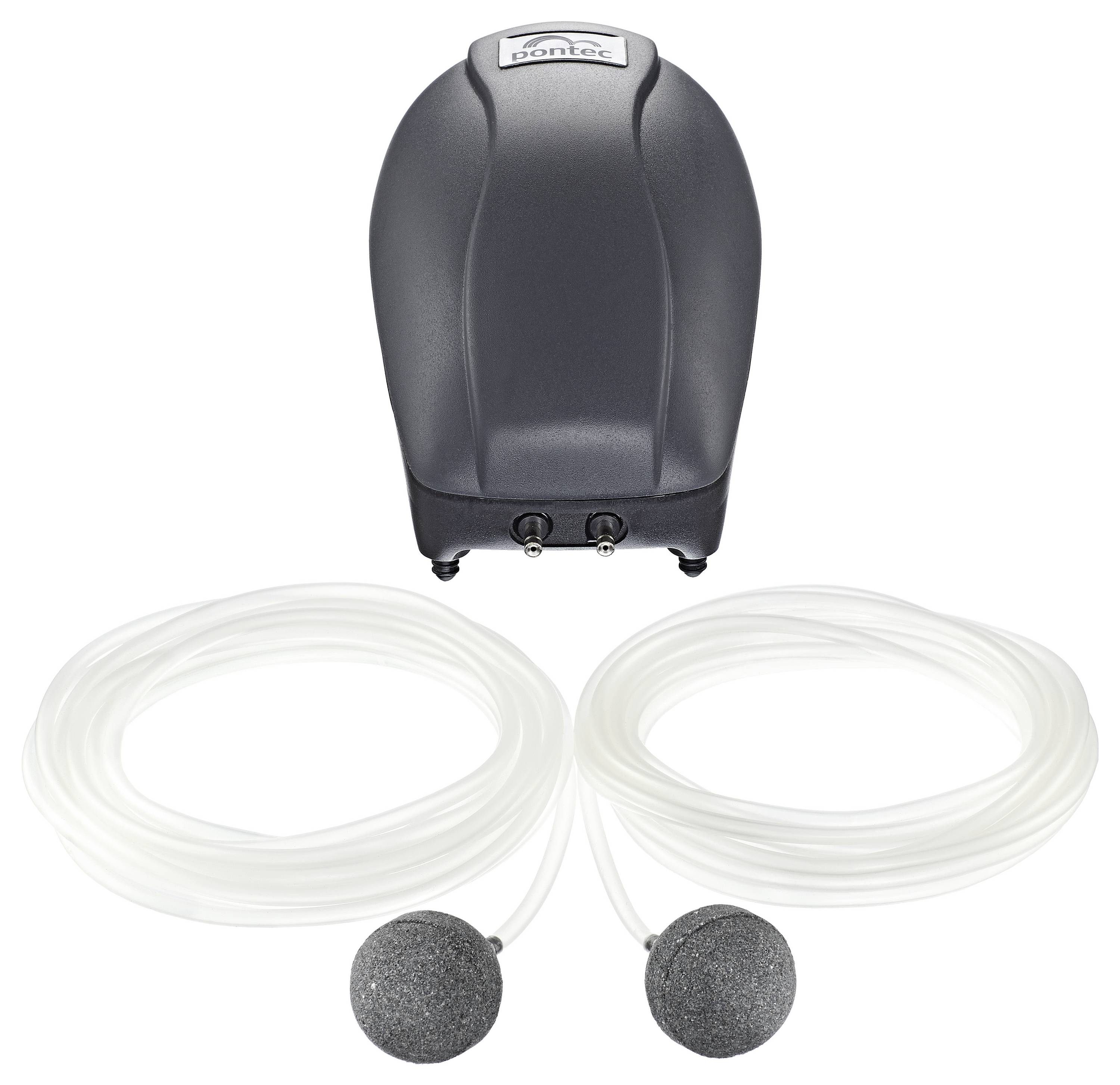 Pompe à air pour aquarium avec double sorties et deux diffuseurs d'air, équipée de tuyaux blancs pour oxygéner les aquariums.