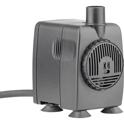 Une petite pompe à eau noire avec un évent circulaire et deux pieds à ventouse, conçue pour les aquariums ou les petites installations hydrauliques.