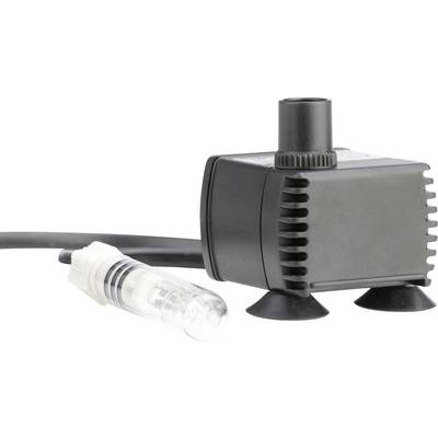 « Image d'une petite pompe d'aquarium noire avec un raccord transparent et un câble d'alimentation, utilisée pour la circulation ou la filtration de l'eau dans les aquariums. »