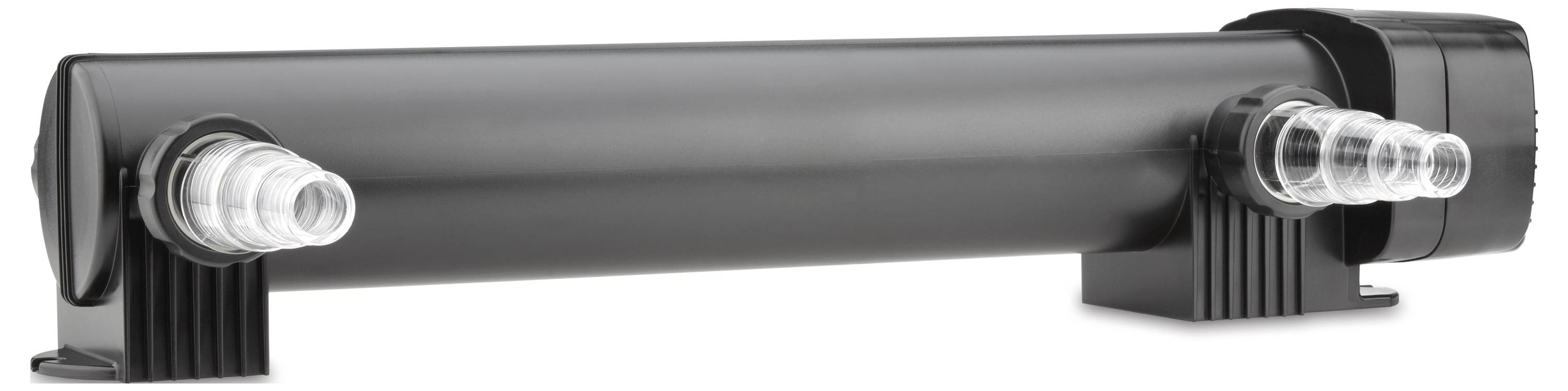 Un dispositif cylindrique noir de filtration d'eau avec deux connecteurs de tuyau transparents à chaque extrémité, supporté horizontalement par deux pieds de support.