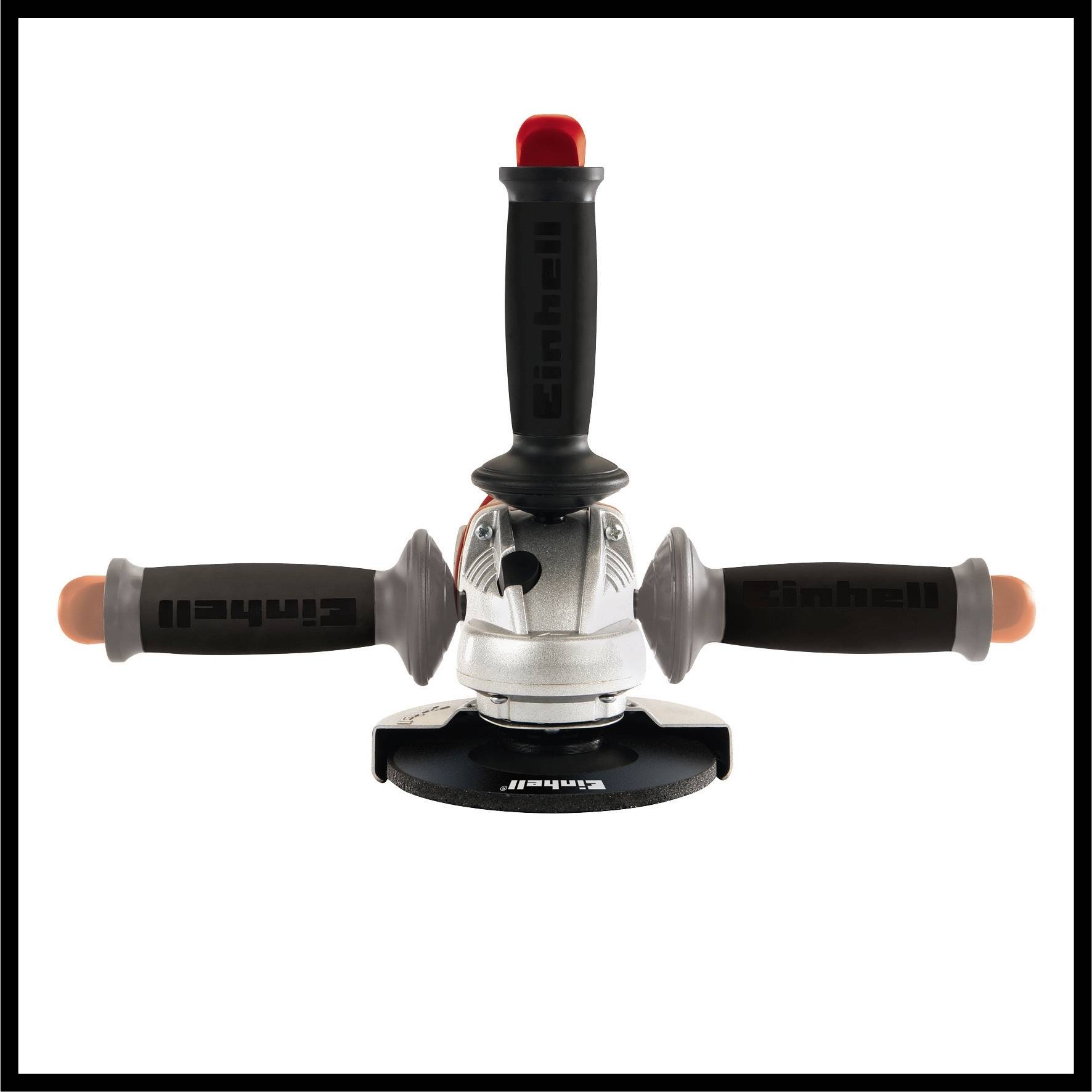 Une meuleuse d'angle avec trois poignées ergonomiques et un boîtier de protection noir ; bouton rouge en haut pour la commande de sécurité.