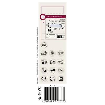 Emballage du produit affichant des symboles techniques et des spécifications pour un transformateur AC 12V. Comprend un manuel de montage et un code-barres.