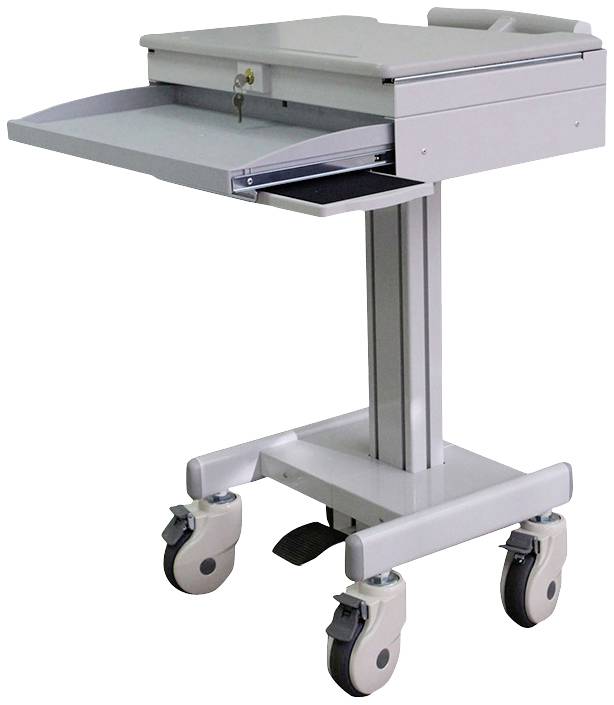 Chariot mobile avec compartiment ouvert et compartiment supérieur verrouillable, monté sur quatre roulettes. Idéal pour des solutions de bureau mobiles ou des applications médicales.