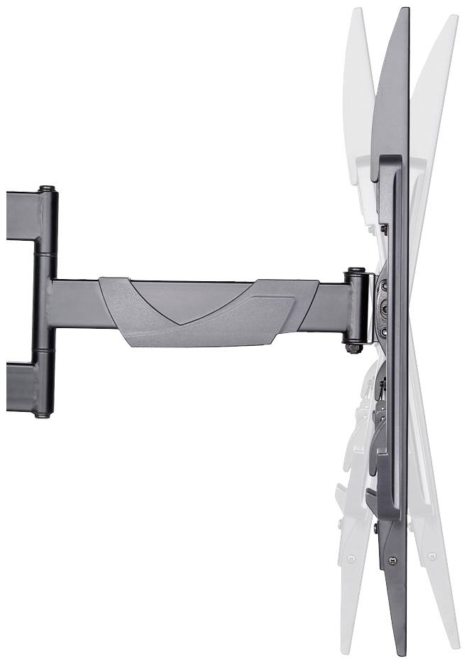 Un support mural TV orientable illustre la mobilité et la flexibilité grâce à un bras articulé et différentes positions d'inclinaison.