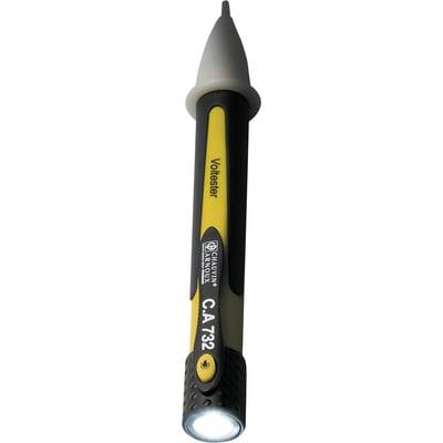 Appareil de test de tension jaune avec poignée noire et lumière LED à l'extrémité. Texte de marque 'Voltsetzer' sur l'appareil.