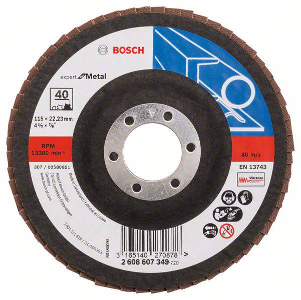 Disque à tronçonner Bosch pour métal, diamètre 115 mm, vitesse maximale 13300 tr/min, 80 m/s. Comprend des symboles de sécurité et des informations sur le produit.