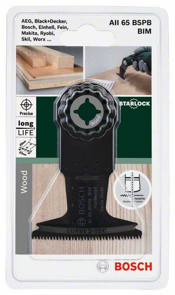 'Lame de scie pour multitools Bosch, adaptée au bois. Contient le nom de marque et le numéro de modèle AII 65 BSPB BIM, système Starlock.'