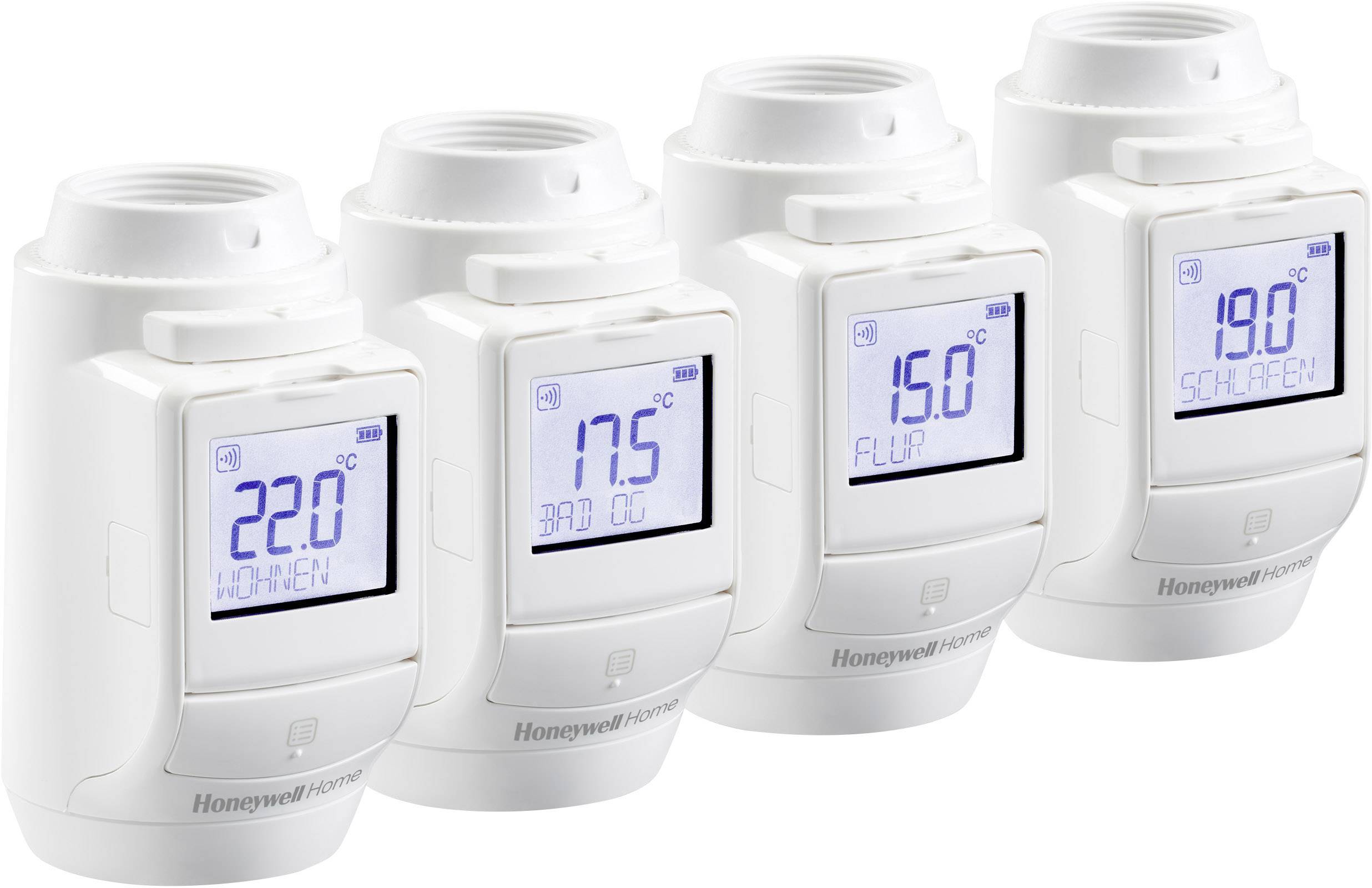 Quatre thermostats de radiateur numériques affichent différentes températures pour différentes pièces : '22,0°C SÉJOUR', '20,0°C SALLE DE BAIN GO', '15,0°C COULOIR' et '19,0°C CHAMBRE'.