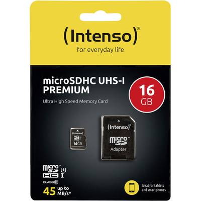 'Carte mémoire microSDHC UHS-I PREMIUM Intenso 16 Go avec adaptateur, jusqu'à 45 Mo/s. Adaptée aux tablettes et smartphones.'