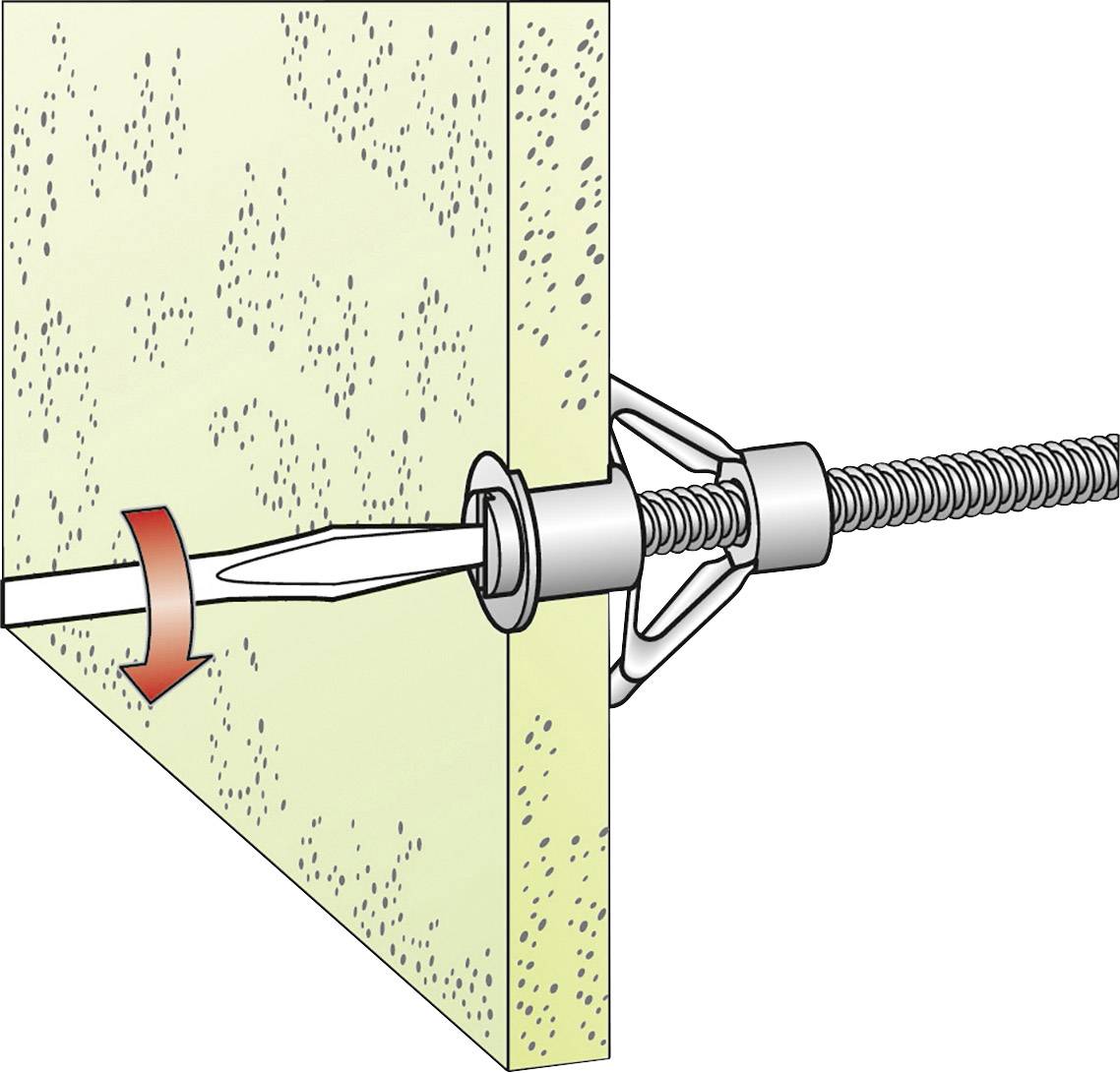 Un dessin montre comment un chevillet à expansion est inséré à travers une paroi dans un espace creux, avec une flèche rouge indiquant le mouvement de rotation.