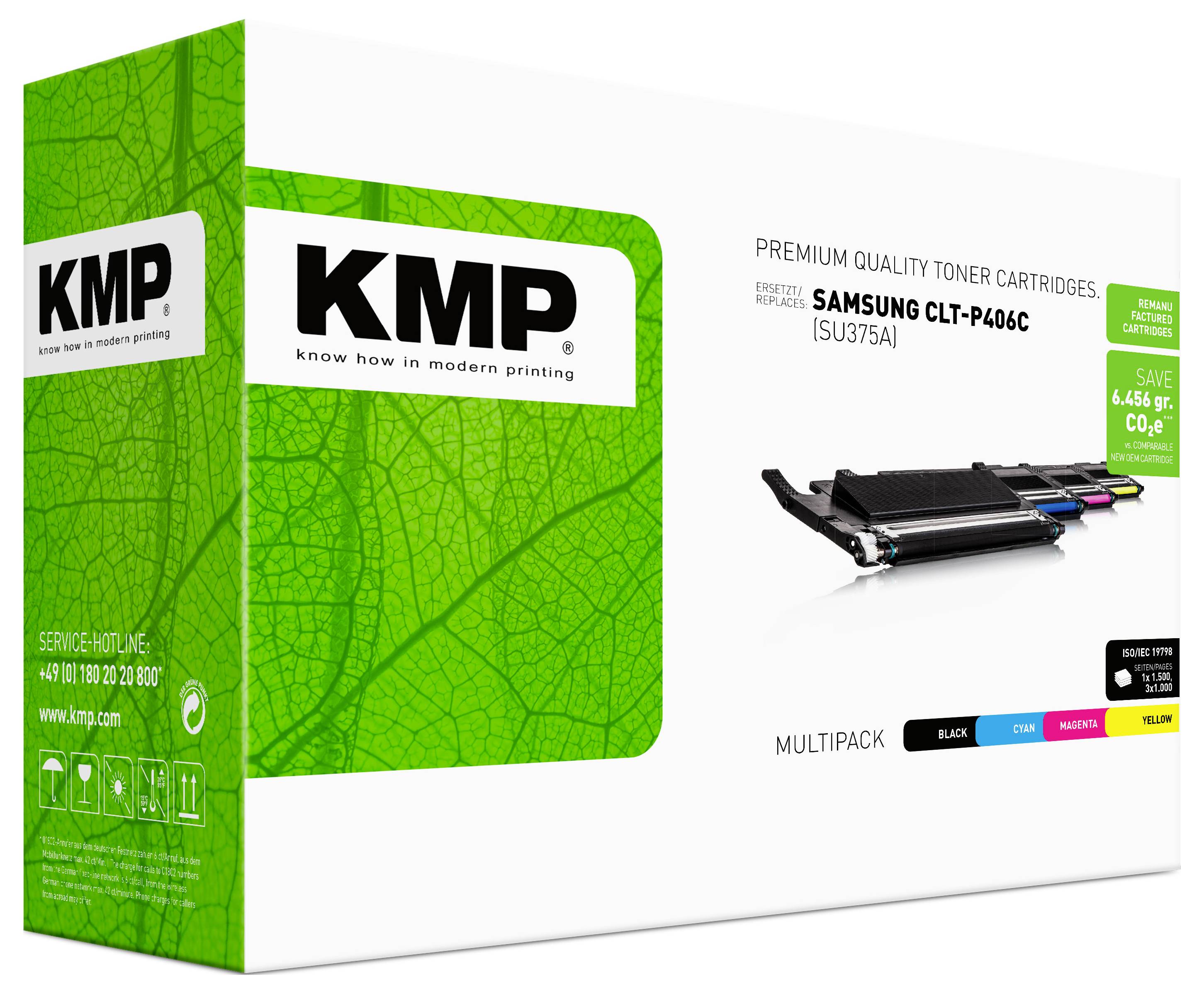 Boîte de cartouche de toner de qualité premium KMP pour Samsung CLT-P406C, affichant une cartouche de toner noire et des étiquettes cyan, magenta et jaune sur l'emballage.