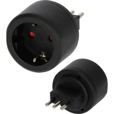 Adaptateur de voyage universel noir avec broches rondes européennes, présenté sous deux angles sur fond blanc.