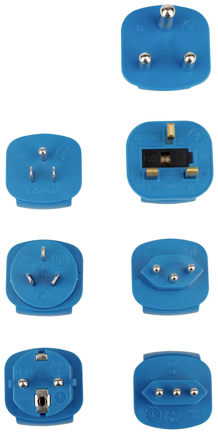 Différents types de fiches bleues, chacun avec un nombre et une disposition différents de broches, montrent la compatibilité internationale.